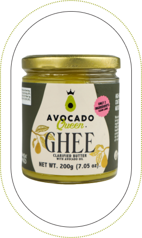 Frasco frontal de Mantequilla Clarificada Ghee con aceite de aguacate Avocado Queen y tapa dorada.