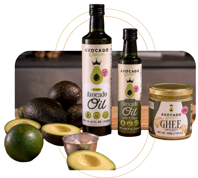 Familia de productos Avocado Queen: Aceites de aguacate refinado y extra virgen junto a mantequilla clarificada ghee en entorno de cocina.